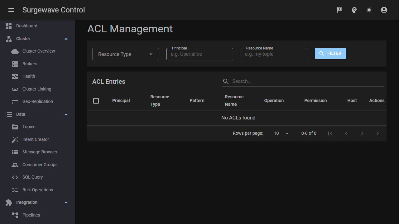 Identity, ACLs and RBAC editor — OIDC + SASL identity providers, fine-grained ACLs per topic / group / transactional-id