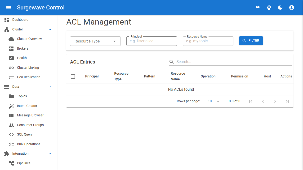 Identity, ACLs and RBAC editor — OIDC + SASL identity providers, fine-grained ACLs per topic / group / transactional-id