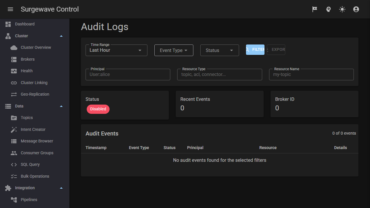 Audit log and compliance trail — auth events, config changes, plugin installs, schema evolution, searchable and exportable