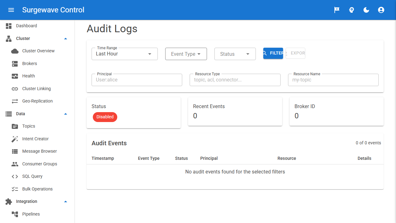Audit log and compliance trail — auth events, config changes, plugin installs, schema evolution, searchable and exportable