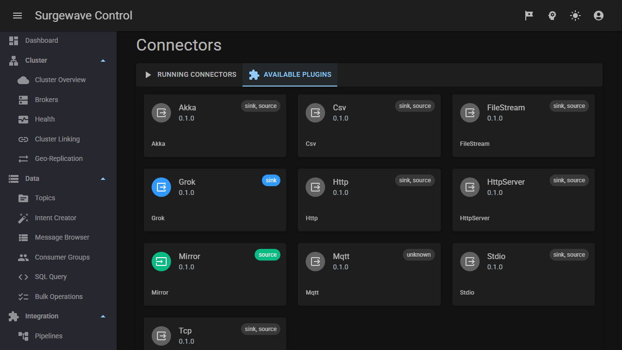 Connector configuration panel — choose a connector, fill in credentials, validate, deploy