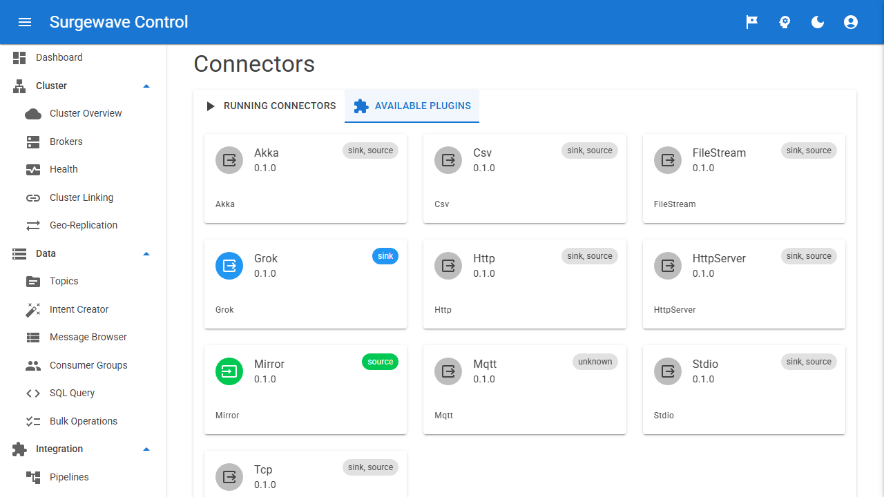Connector configuration panel — choose a connector, fill in credentials, validate, deploy
