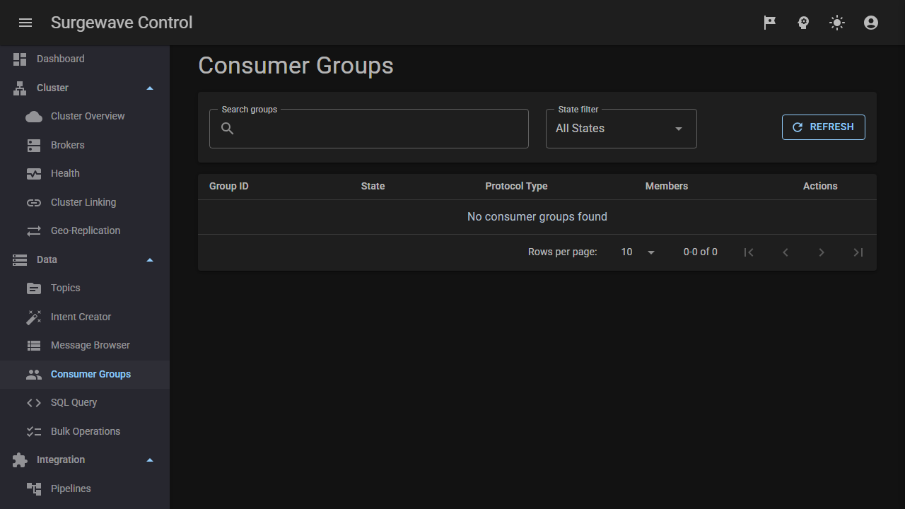 Consumer group viewer with member list, lag per partition, rebalance history