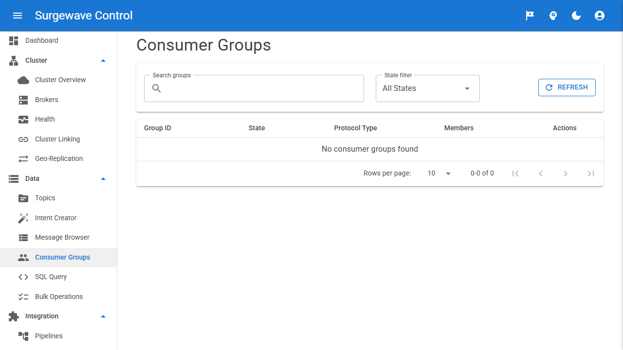 Consumer group viewer with member list, lag per partition, rebalance history