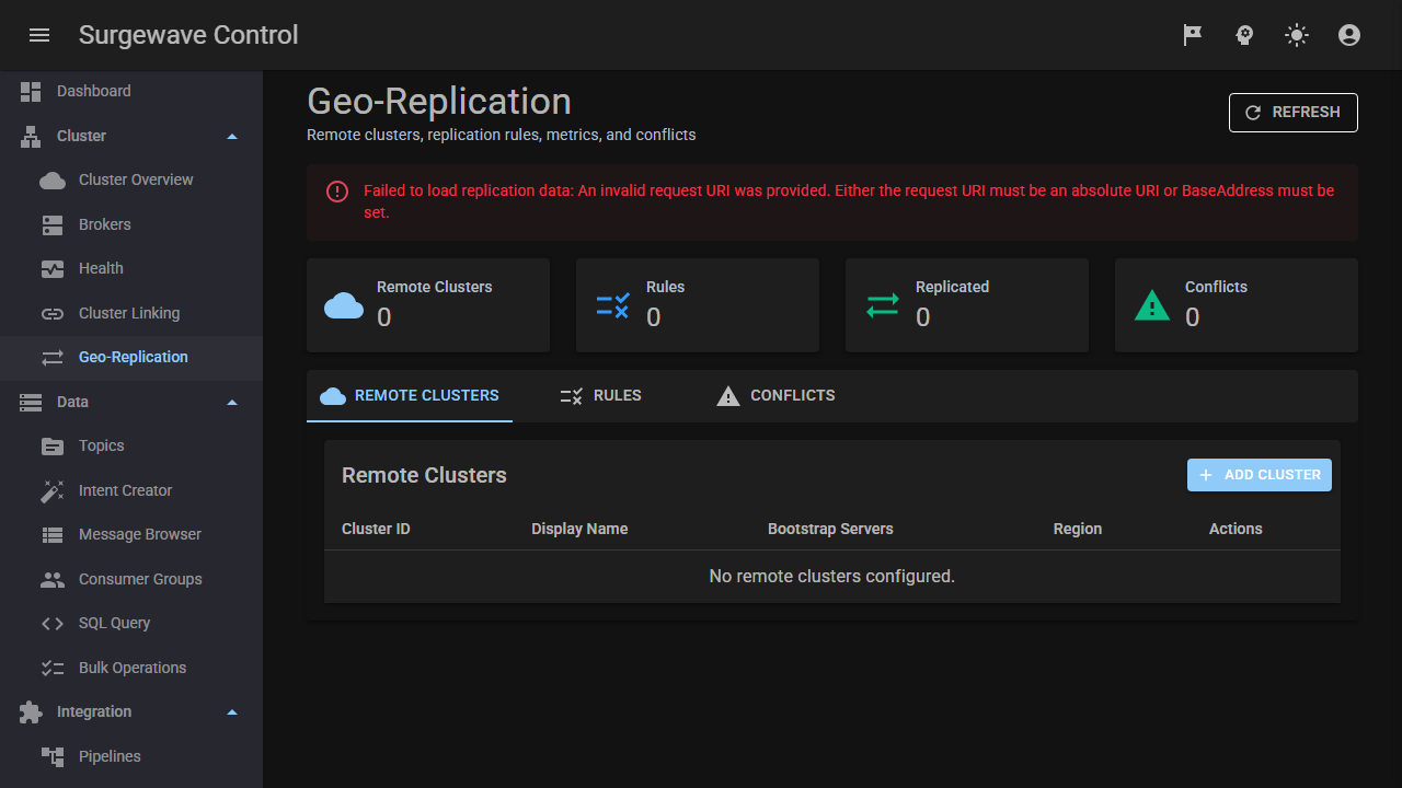 Surgewave.Fleet — multi-cluster control plane with geo-replication links and fleet-wide topic catalogue