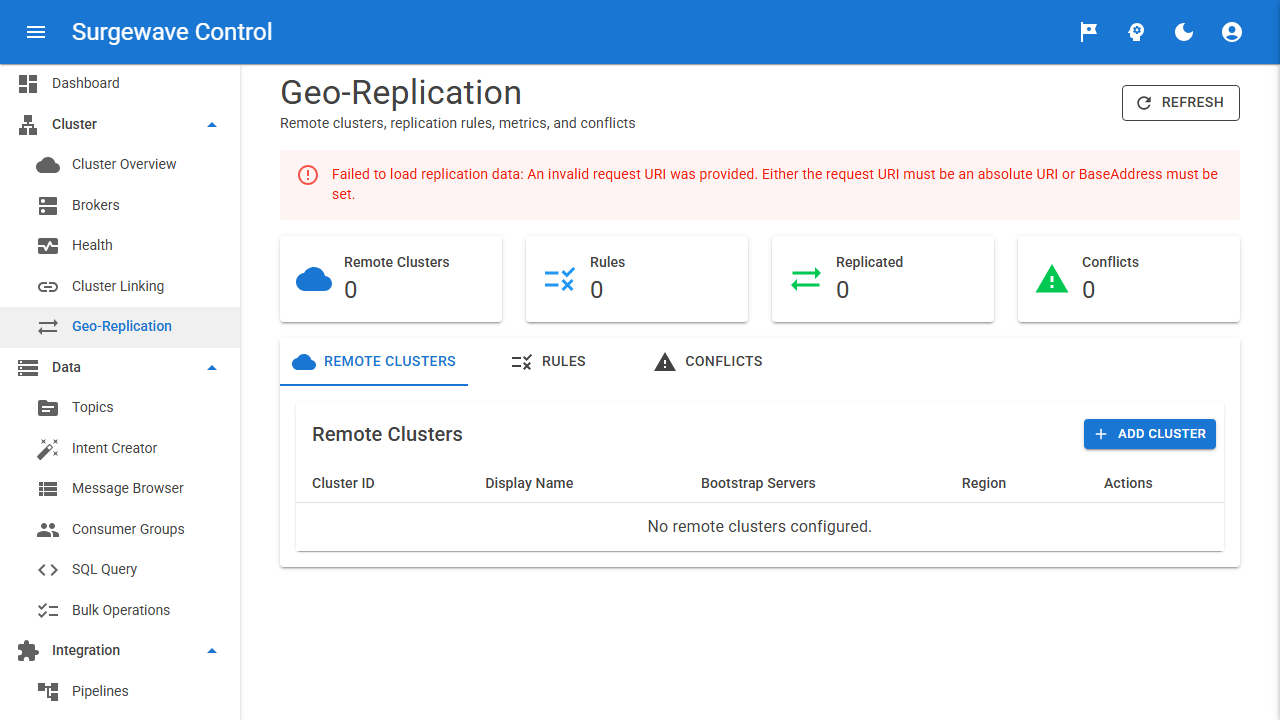 Surgewave.Fleet — multi-cluster control plane with geo-replication links and fleet-wide topic catalogue