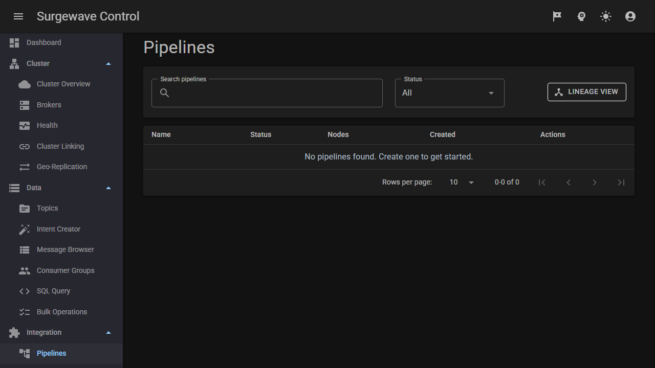 Visual pipeline editor — drag-drop node graph for stream processing and AI workflows