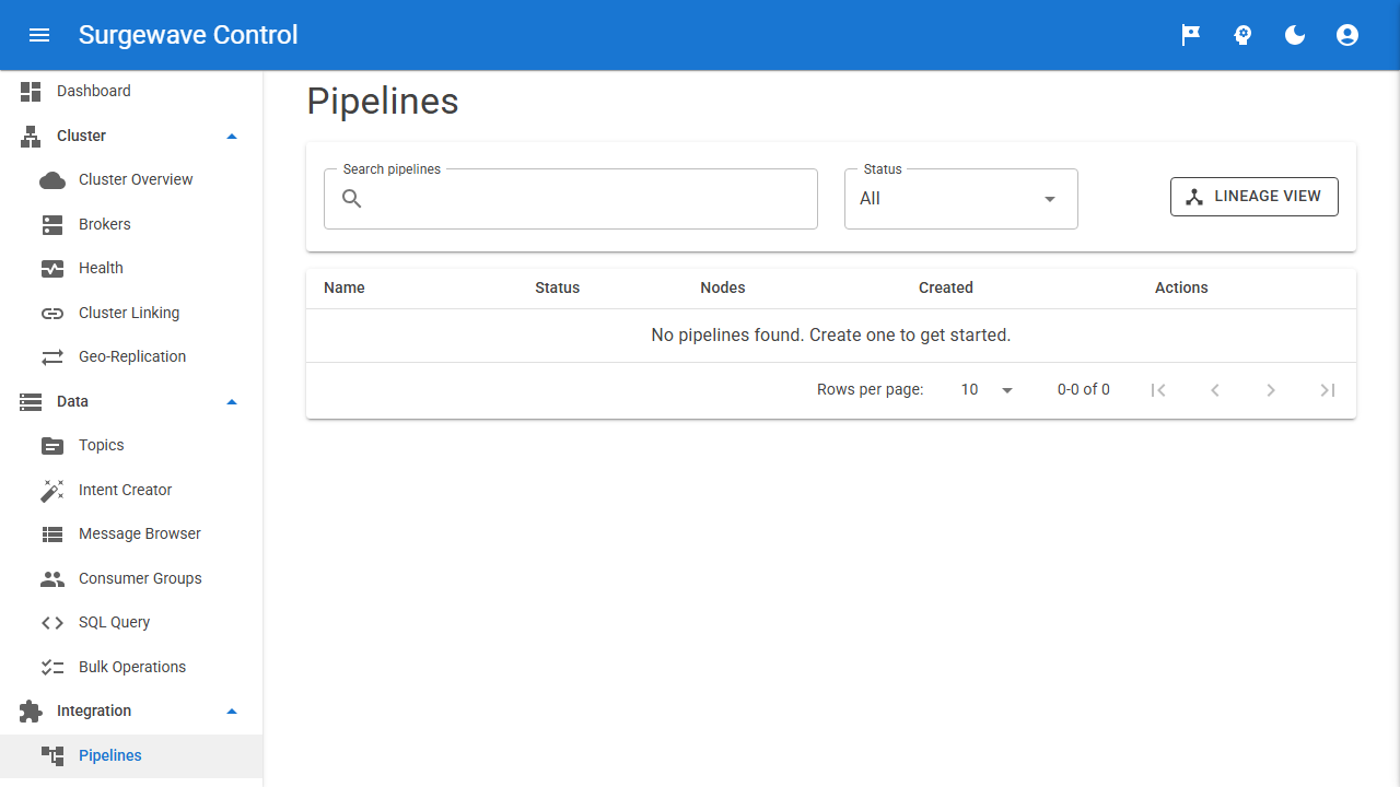 Visual pipeline editor — drag-drop node graph for stream processing and AI workflows