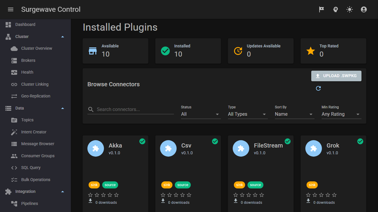 Plugin marketplace — browse signed .swpkg packages, view signature chain, one-click install