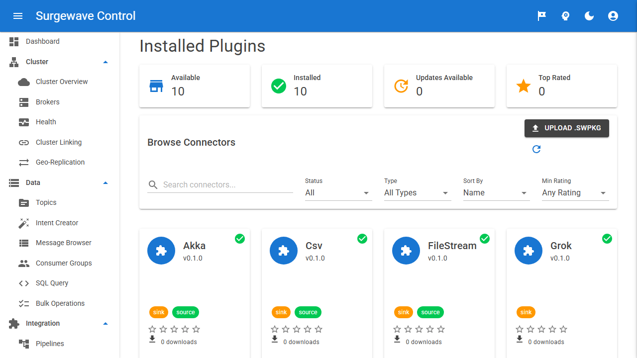 Plugin marketplace — browse signed .swpkg packages, view signature chain, one-click install