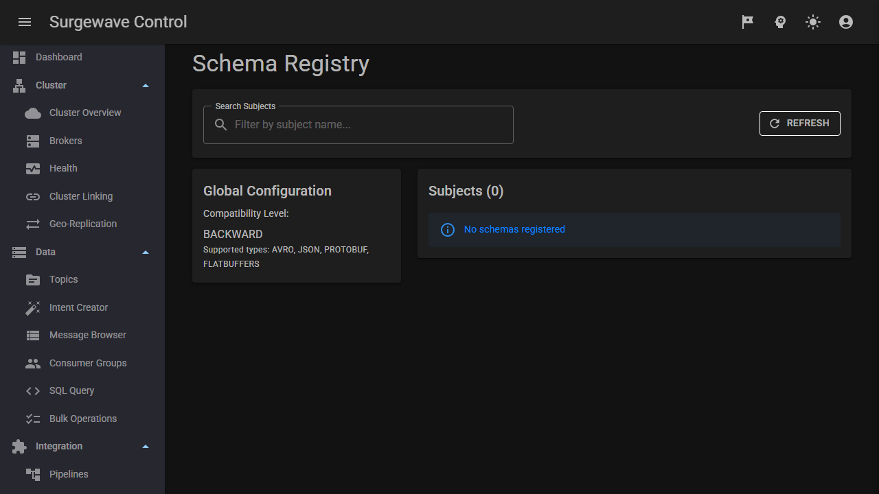 Schema registry browser — Avro / JSON / Protobuf schemas with version diff