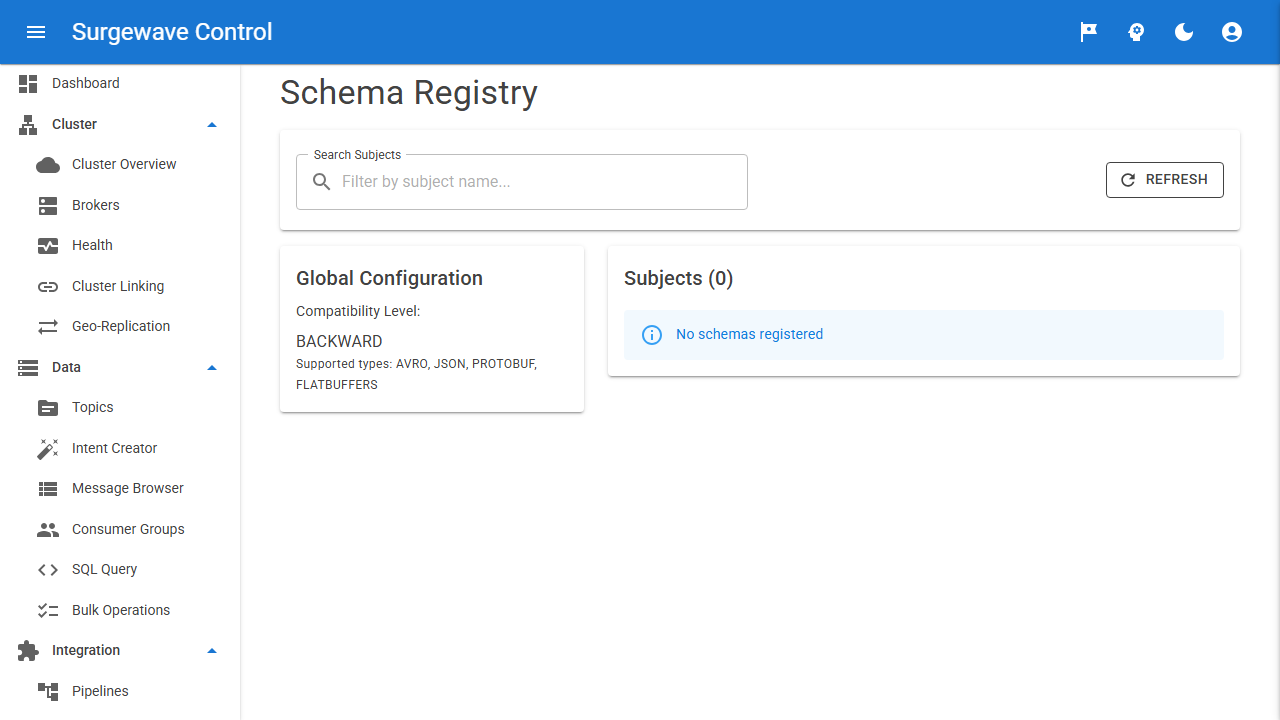 Schema registry browser — Avro / JSON / Protobuf schemas with version diff