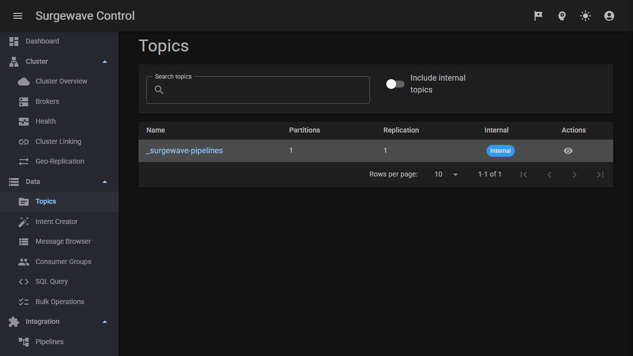 Topic detail view with per-partition offsets, consumer-group lag, retention settings