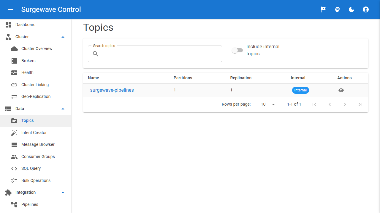 Topic detail view with per-partition offsets, consumer-group lag, retention settings